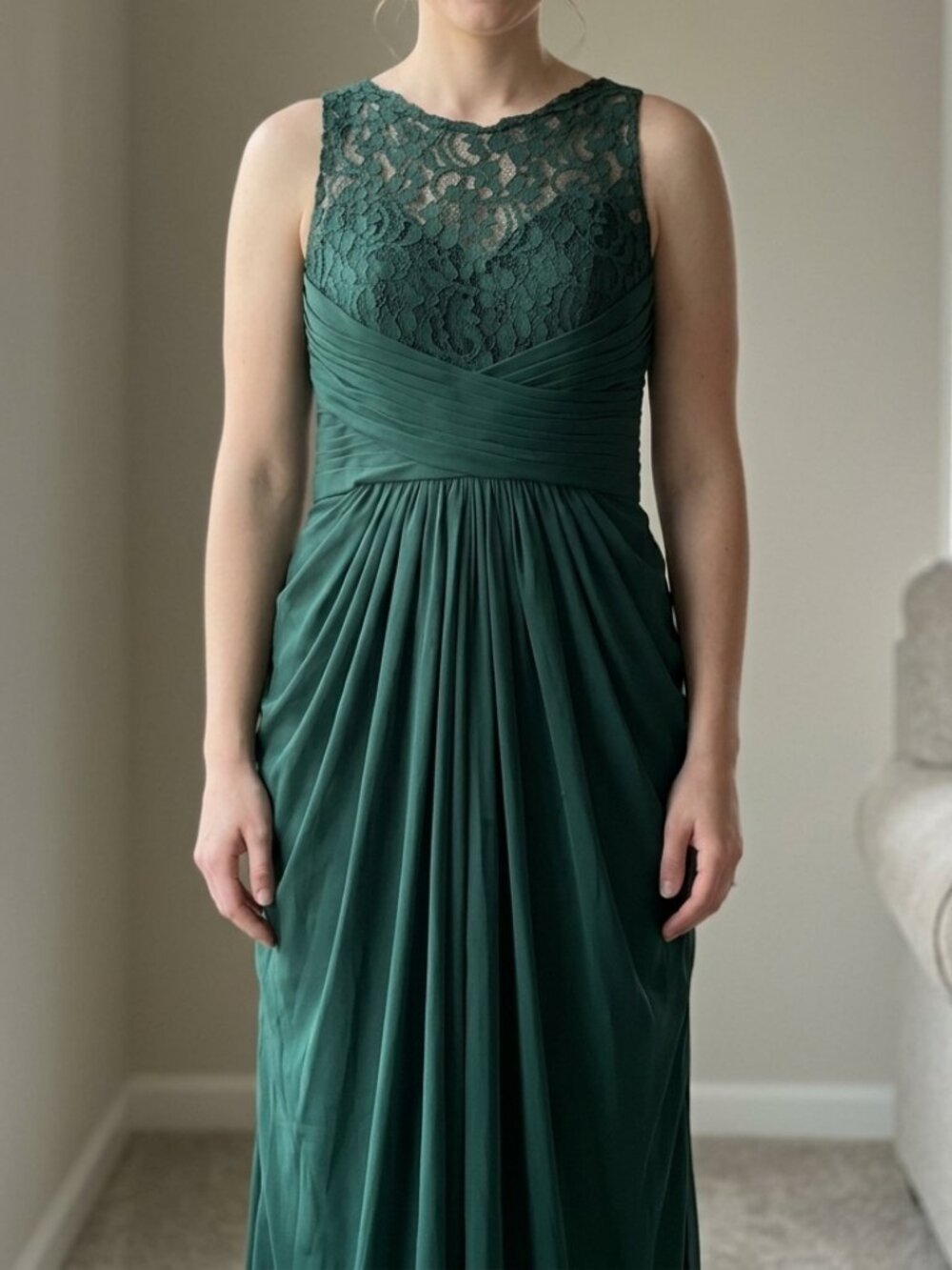 David's Bridal Dark Green Lace Illusion Bodice Ruched Maxi Dress Size 6